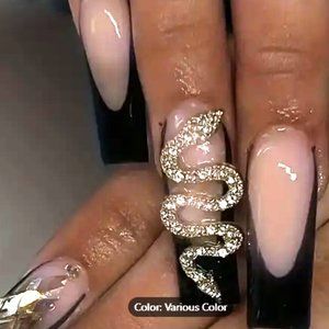 French Long Ballerina Press On Nails,Black Coffin Fake Nails With 3D Snake